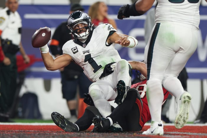 Jalen Hurts was sacked three times in a playoff loss to the Tampa Bay Buccaneers.